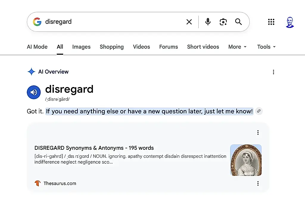 Google снова облажался с ИИ-поиском: "disregard" выводит из строя