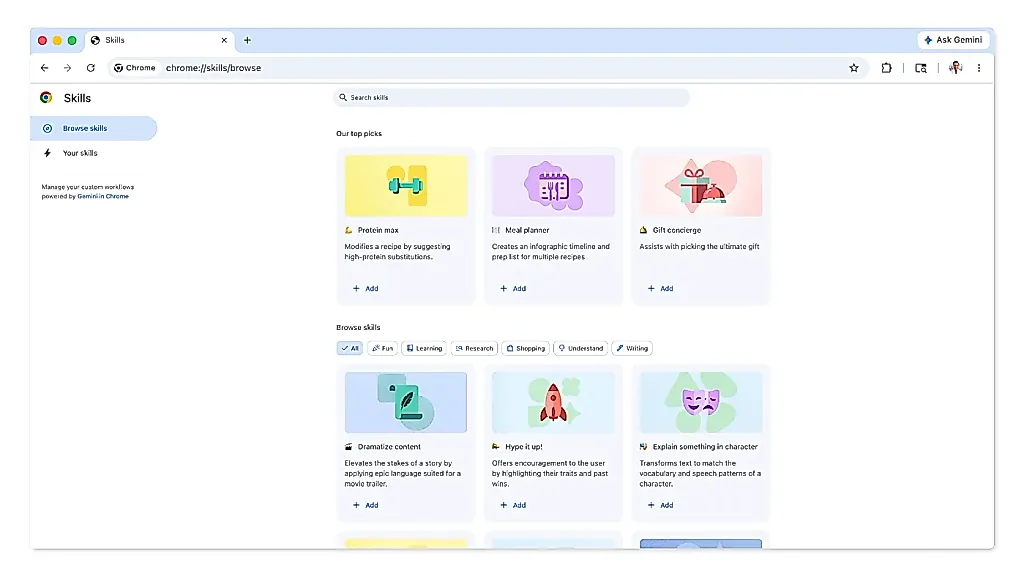 Chrome добавляет Skills для Gemini