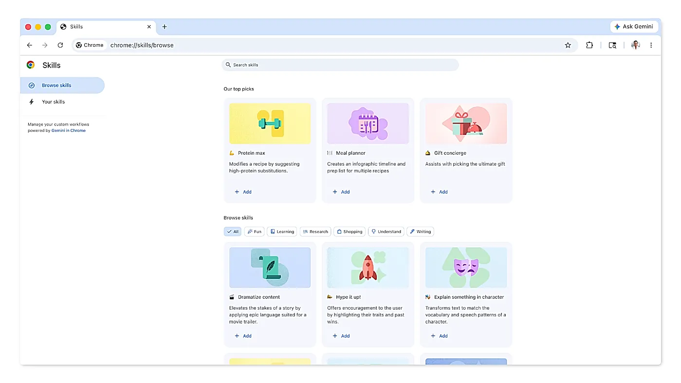 Chrome добавляет Skills для Gemini